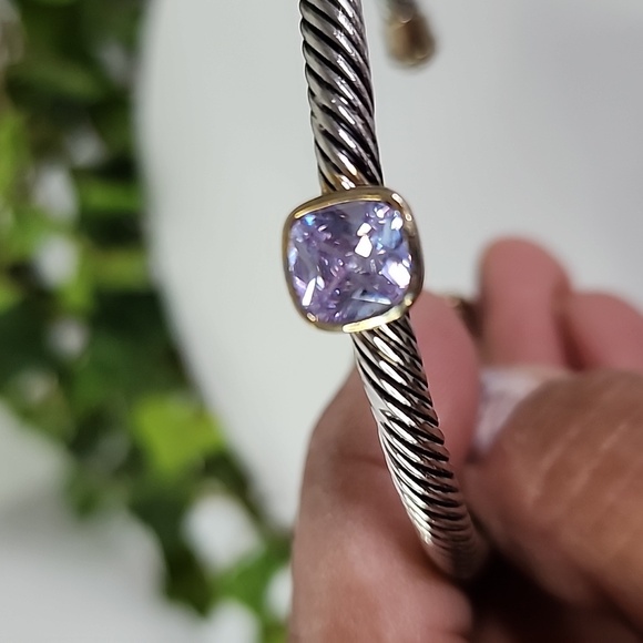 Silver Cable Flex Open Cuff Bracelet with  Amethyst Color Stone - Picture 4 of 8